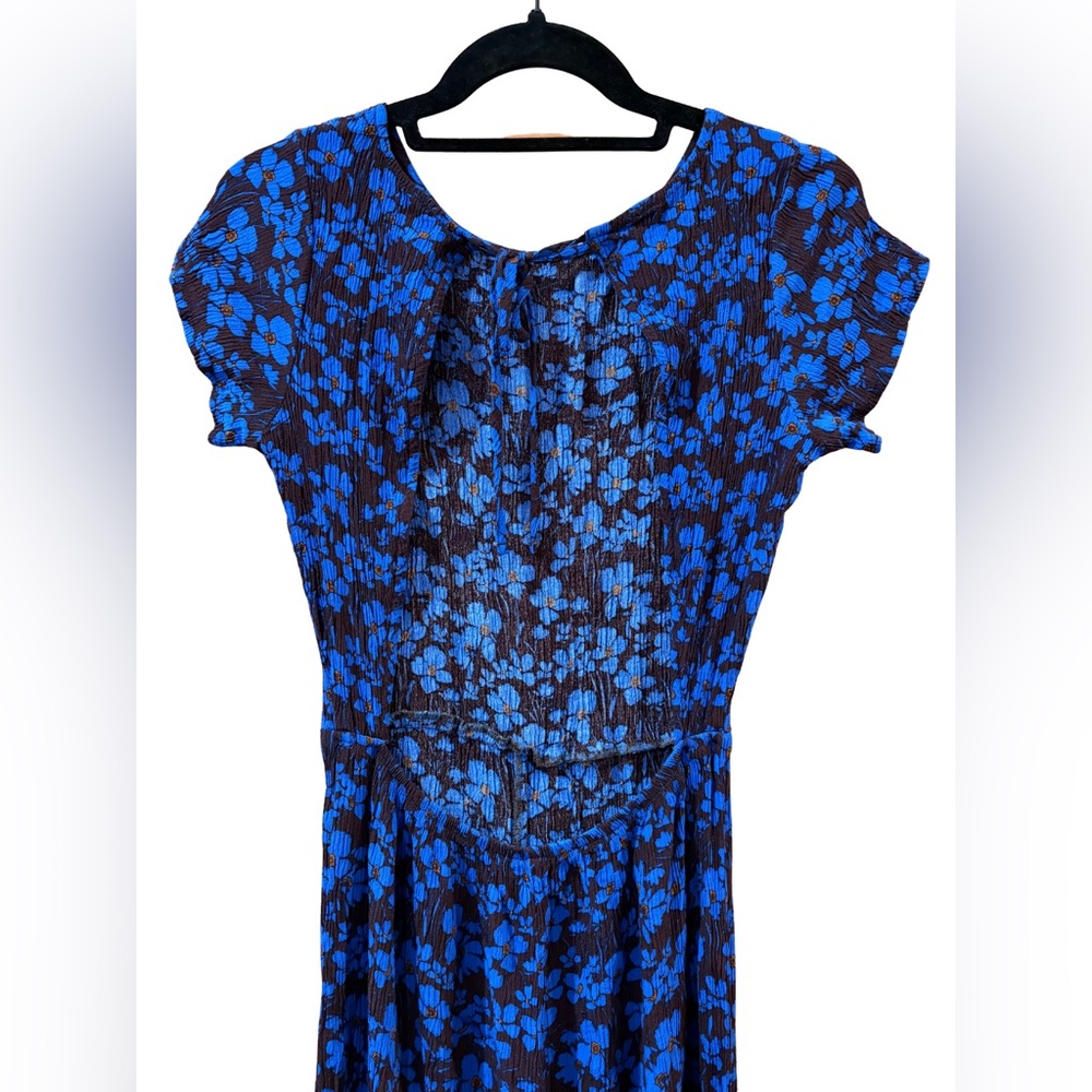 Free People “Two Paths” Smocked Blue & Brown Floral Jumpsuit Size S - Picture 5 of 11